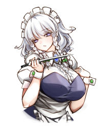 Rule 34 | 1girl, apron, blue dress, blue eyes, bow, braid, breasts, bright pupils, brooch, cropped torso, dagger, dress, expressionless, eyelashes, frills, green bow, hair bow, hand on own chest, head tilt, highres, holding, holding knife, holding weapon, izayoi sakuya, jewelry, knife, large breasts, maid apron, maid headdress, medium hair, parted lips, puffy short sleeves, puffy sleeves, raptor7, short sleeves, silver hair, simple background, solo, touhou, twin braids, wavy hair, weapon, white background, wrist cuffs