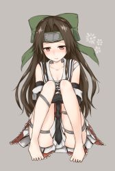 Rule 34 | 10s, 1girl, barefoot, black gloves, blush, bow, brown hair, forehead protector, full body, gloves, hair bow, hair intakes, highres, hugging own legs, jintsuu (kancolle), jintsuu kai ni (kancolle), kantai collection, knees to chest, long hair, looking down, necktie, red eyes, simple background, sitting, solo, soukitsu, tears
