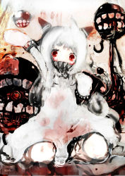 Rule 34 | 10s, 1girl, abyssal ship, arm up, assi, covered mouth, dress, faux traditional media, floating fortress (kancolle), hook, horns, kantai collection, knees, long hair, mittens, northern ocean princess, red eyes, sitting, solo, studded bracelet, studded gloves, teeth, white dress, white hair