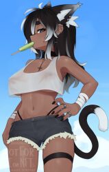Rule 34 | 1girl, animal ears, bandaged arm, bandages, barbell piercing, bare arms, bare shoulders, bikini, bikini bottom only, bikini under clothes, black bikini, black eyes, black hair, black nails, borrowed character, breasts, cat ears, cat girl, cat tail, commentary, cowboy shot, crop top, crop top overhang, cross, cross earrings, cross necklace, cutoffs, dark-skinned female, dark skin, ear piercing, earclip, earrings, english commentary, extra ears, food, food in mouth, gradient hair, grey shorts, hand on own hip, highres, industrial piercing, jewelry, large breasts, long hair, looking at viewer, makina (makinakid), midriff, multicolored hair, nail polish, navel, necklace, nipples, original, panty straps, piercing, popsicle, popsicle in mouth, puffy nipples, ring, see-through, shiny skin, short shorts, shorts, solo, string bikini, swimsuit, tail, thick eyebrows, thigh strap, underboob, watermark, white hair, yoako