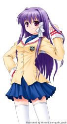 Rule 34 | 00s, clannad, fujibayashi kyou, horiguchi hiroshi, long hair, purple eyes, purple hair, school uniform, serafuku, skirt, solo, thighhighs, white thighhighs