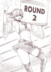 Rule 34 | 1girl, :d, abs, arm up, boots, boxing ring, breasts, cleavage, dutch angle, greyscale, hair between eyes, halterneck, halterneck, headgear, hiei (kancolle), holding, holding sign, kantai collection, large breasts, midriff, monochrome, open mouth, round girl, short hair, sign, skirt, smile, solo, thigh boots, thighhighs, tobisawa, wide sleeves, wristband