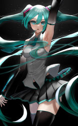 Rule 34 | 1girl, :o, aqua eyes, aqua hair, aqua necktie, arm up, armpits, bare shoulders, black background, black skirt, black thighhighs, breasts, collared shirt, cowboy shot, detached sleeves, faton, grey shirt, hatsune miku, headset, highres, long hair, long sleeves, looking at viewer, medium breasts, miniskirt, navel, necktie, open mouth, pleated skirt, shirt, simple background, skindentation, skirt, solo, thighhighs, thighs, twintails, very long hair, vocaloid, zettai ryouiki