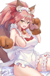 Rule 34 | 1girl, animal ear fluff, animal ears, animal hands, apron, bell, blush, breasts, cat hair ornament, cat paws, cleavage, collar, fangs, fate/grand order, fate (series), fox ears, fox tail, gloves, hair ornament, highres, jingle bell, large breasts, long hair, looking at viewer, maid headdress, naked apron, neck bell, open mouth, paw gloves, pink hair, ponytail, qtian, sideboob, simple background, solo, tail, tamamo (fate), tamamo cat (fate), tamamo cat (third ascension) (fate), white background