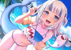Rule 34 | 1girl, adapted costume, bare shoulders, beach, bikini, bloop (gawr gura), blue bikini, blue eyes, blue sky, blush, breasts, cloud, collarbone, cowboy shot, day, fangs, fins, fish tail, gawr gura, hair ornament, hololive, hololive english, inflatable armbands, long hair, looking at viewer, mixed-language commentary, multicolored hair, nail polish, navel, ocean, open mouth, outdoors, palm tree, saruei, shark, shark girl, shark hair ornament, shark print, shark tail, sharp teeth, silver hair, sky, small breasts, smile, solo, standing, swimsuit, tail, teeth, tree, two side up, virtual youtuber, water