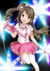 Rule 34 | 10s, 1girl, :d, bow, brown hair, hair bow, half updo, idolmaster, idolmaster cinderella girls, long hair, microphone, microphone stand, open mouth, pobii, shimamura uzuki, side ponytail, skirt, smile, solo, thighhighs, white thighhighs, yellow eyes