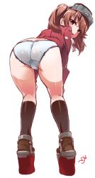 Rule 34 | 10s, 1girl, ass, black socks, blush, brown eyes, brown footwear, brown hair, female focus, full body, hands on legs, highres, japanese clothes, kantai collection, kneehighs, leaning forward, loafers, long sleeves, looking at viewer, looking back, no pants, open mouth, panties, platform footwear, ryuujou (kancolle), shift (waage), shoes, simple background, socks, solo, standing, twintails, underwear, visor cap, white background, white panties