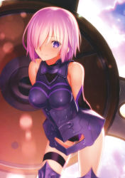 Rule 34 | 1girl, absurdres, armor, arms behind back, bare shoulders, blush, breasts, cleaned, closed mouth, elbow gloves, fate/grand order, fate (series), garter straps, gloves, hair over one eye, highres, leotard, looking at viewer, mash kyrielight, medium breasts, pink hair, purple eyes, scan, shield, short hair, simple background, sleeveless, smile, solo, takeuchi takashi, thighs