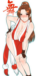 Rule 34 | 1girl, blush, breasts, brown eyes, brown hair, cleavage, fatal fury, hand on own hip, hand on own knee, highres, hip focus, huge breasts, leaning forward, long hair, pelvic curtain, ponytail, revealing clothes, shiranui mai, smile, snk, solo, st.germain-sal, the king of fighters