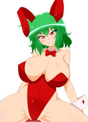 Rule 34 | 1girl, animal ears, breasts, curvy, female focus, green hair, huge breasts, kazami yuuka, leotard, playboy bunny, rabbit ears, red eyes, sawa (snack yoshie), short hair, simple background, smile, solo, spread legs, thighs, touhou, white background