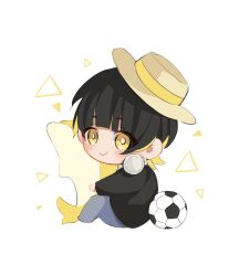 Rule 34 | 1boy, bachira meguru, bad id, bad twitter id, ball, black hair, black shirt, blonde hair, blue lock, blunt bangs, blush, bright pupils, chibi, closed mouth, full body, fuwata mago, hat, highres, holding, holding stuffed toy, long sleeves, looking at viewer, male focus, multicolored hair, shirt, short hair, simple background, sitting, smile, soccer ball, solo, stuffed animal, stuffed dolphin, stuffed toy, two-tone hair, white background, white pupils, yellow eyes
