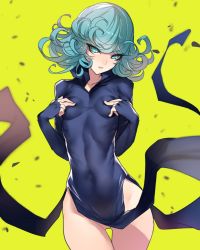 Rule 34 | 1girl, ban! (bansankan), black dress, breasts, covered navel, cowboy shot, curly hair, dress, green eyes, green hair, hands on own chest, highres, long sleeves, looking at viewer, no panties, one-punch man, parted lips, pelvic curtain, side slit, simple background, sleeves past wrists, small breasts, solo, tatsumaki, thigh gap, wind, wind lift