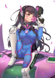 Rule 34 | 1girl, bad id, bad pixiv id, blowing, bodysuit, breasts, brown eyes, brown hair, blowing bubbles, chewing gum, covered navel, d.va (overwatch), facial mark, full body, gloves, gun, handgun, headphones, leg up, lips, long hair, looking to the side, mecha, medium breasts, meka (overwatch), overwatch, overwatch 1, petals, pilot suit, pistol, robot, simple background, sitting, sitting on object, skin tight, smile, solo, swept bangs, vococo, weapon, whisker markings, white background, white gloves