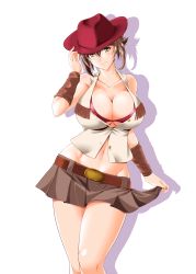 Rule 34 | 1girl, abs, alternate costume, arm warmers, belt, belt buckle, bra, breasts, brown belt, brown hair, brown skirt, buckle, cleavage, closed mouth, collarbone, cowboy hat, cowboy western, flipped hair, green eyes, groin, hat, highres, kantai collection, kiriki haruomi, large breasts, looking at viewer, midriff, miniskirt, mutsu (kancolle), navel, pink bra, pink hat, shadow, shirt, short hair, simple background, skirt, smile, solo, underwear, upper body, white background, white shirt