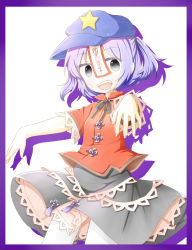 Rule 34 | 1girl, bad id, bad pixiv id, blouse, blue hair, border, colored shadow, ellipsis (mitei), fang, fingernails, grey eyes, hat, highres, looking at viewer, miyako yoshika, ofuda, open mouth, outstretched arms, ribbon, shadow, shirt, short hair, simple background, skirt, solo, star (symbol), touhou, white background, zombie pose