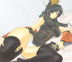 Rule 34 | 1girl, armor, bad id, bad pixiv id, bed sheet, black hair, black thighhighs, blue eyes, blush, breasts, china dress, chinese clothes, cleavage, covered erect nipples, curvy, detached sleeves, dress, facial mark, hair ornament, hip focus, impossible clothes, impossible shirt, jian (weapon), large breasts, leg hold, long hair, long sleeves, lying, momio, narrow waist, on side, open mouth, oui, oui (character), panties, pantyshot, sangokushi taisen, sheath, shirt, side-tie panties, solo, sweat, sword, thick thighs, thighhighs, thighs, underwear, upskirt, wang yi, weapon, white panties, wide hips