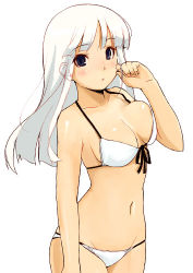 Rule 34 | 1girl, bikini, blush, breast press, breasts, front-tie bikini top, front-tie top, koutaro, large breasts, long hair, looking at viewer, lowres, original, simple background, solo, standing, swimsuit, white background, white bikini, white hair