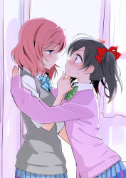 Rule 34 | 10s, 2girls, bad id, bad twitter id, black hair, blush, bow, bowtie, breasts, cardigan, commentary request, cowboy shot, curtains, eye contact, from side, frown, hair bow, half-closed eyes, hand on another&#039;s chin, imminent kiss, indoors, kabedon, long sleeves, looking at another, love live!, love live! school idol project, multiple girls, nervous, nishikino maki, ooshima tomo, orange eyes, pink hair, plaid, plaid skirt, pleated skirt, profile, purple eyes, school uniform, shirt, short hair, short sleeves, short twintails, skirt, sleeves past wrists, small breasts, striped, sweatdrop, sweater vest, twintails, wide-eyed, window, yazawa nico, yuri