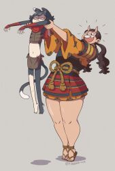 Rule 34 | 2girls, animal ears, annoyed, arm guards, armor, bare legs, bigggbrick, black hair, breastplate, brown loincloth, cat ears, cat girl, cat tail, chipped tooth, dungeon meshi, frown, grey background, happy, highres, horns, inutade, izutsumi, japanese armor, japanese clothes, kimono, leather armor, lifting person, loincloth, longcat (meme), meme, multiple girls, oni, orange kimono, partially shaded face, rope belt, sandals, scarf, short hair, short kimono, tail, teeth, thick thighs, thighs, twintails, upper teeth only