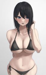 Rule 34 | 1girl, arm behind back, bikini, black bikini, black hair, blue eyes, blush, breasts, cleavage, collarbone, facing viewer, hand in own hair, hand up, highres, kaminari doon, large breasts, long hair, looking away, looking to the side, mole, mole on breast, navel, no nose, open mouth, original, side-tie bikini bottom, simple background, skindentation, solo, stomach, straight hair, strap gap, swept bangs, swimsuit, wide hips