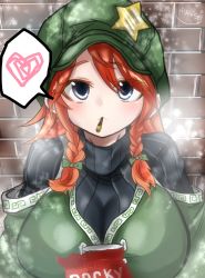 Rule 34 | 1girl, :&lt;, absurdres, against wall, black sweater, blue eyes, bow, braid, breasts, commentary request, eyelashes, food, fox udon, green bow, green hat, hair bow, hat, heart, highres, hong meiling, large breasts, looking at viewer, mouth hold, outdoors, pocky, pocky day, red hair, ribbed sweater, solo, spoken heart, star (symbol), sweater, touhou, turtleneck, turtleneck sweater, twin braids, upper body