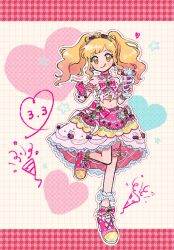 Rule 34 | 1girl, :q, aikatsu! (series), aikatsu stars!, bare shoulders, blonde hair, blush, bow, bracelet, bridal garter, brooch, checkered background, dated, dot nose, dress, gloves, gradient hair, happy birthday, heart, heart brooch, highres, holding, idol, jewelry, lace, lace-trimmed skirt, lace trim, looking at viewer, medium dress, medium hair, midriff, multicolored hair, navel, nijino yume, orange eyes, ote, parfait, pink dress, pink footwear, skirt, solo, standing, standing on one leg, tiara, tongue, tongue out, twintails