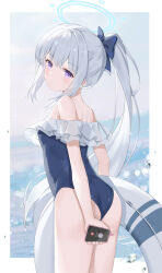 Rule 34 | blue archive, blue bow, blue one-piece swimsuit, blush, border, bow, casual one-piece swimsuit, commentary, cowboy shot, dialing, doodle sensei (blue archive), dot nose, frilled one-piece swimsuit, frills, from behind, grey hair, hair bow, halo, highres, holding, holding phone, holding swim ring, innertube, long hair, looking at viewer, miyako (blue archive), miyako (swimsuit) (blue archive), official alternate costume, one-piece swimsuit, outside border, parted lips, phone, ponytail, purple eyes, sensei (blue archive), serika, sidelocks, spaghetti strap, sweat, swim ring, swimsuit, thighs, water drop, white border
