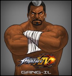 Rule 34 | 1boy, bandages, beard, black hair, character name, copyright name, crossed arms, dark skin, dark-skinned male, emmakof, facial hair, gang-il, grey background, highres, male focus, multicolored hair, topless male, simple background, solo, the king of fighters, the king of fighters xiv, two-tone hair, white hair