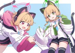 Rule 34 | 2girls, absurdres, animal ear headphones, animal ears, black skirt, black thighhighs, blonde hair, blue archive, blue necktie, blush, bow, cake, collared shirt, fake animal ears, food, green bow, green eyes, green halo, hair bow, halo, headphones, highres, jacket, long sleeves, midori (blue archive), miramu (ramu450471), momoi (blue archive), multiple girls, necktie, open mouth, pink halo, red bow, red eyes, shirt, short hair, siblings, sisters, skirt, thighhighs, white jacket, white shirt, wide sleeves