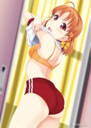 Rule 34 | 1girl, ahoge, arched back, armpits, ass, back, blush, bow, bra, braid, breasts, buruma, changing clothes, clothes lift, curtains, door, hair bow, hino minato (spec.c), indoors, lifted by self, looking at viewer, looking back, love live!, love live! sunshine!!, open mouth, orange bra, orange hair, orange panties, panties, parted bangs, red buruma, red eyes, ribbon, shirt, shirt lift, short hair, side braid, solo, standing, surprised, takami chika, thighs, underwear, white shirt, yellow ribbon