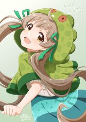 Rule 34 | 1girl, :d, ahoge, blush, brown eyes, brown hair, capelet, character hood, chupacabra (idolmaster), clenched hand, commentary request, dress, floral print, floral print dress, from behind, goma konbu, gradient background, green background, green capelet, green dress, green ribbon, hair ribbon, hakozaki serika, head tilt, highres, hood, hood up, hooded capelet, idolmaster, idolmaster million live!, long hair, looking at viewer, looking back, open mouth, raised eyebrows, ribbon, short sleeves, smile, solo, striped clothes, striped dress, sweater, thick eyelashes, translation request, turning head, twintails, very long hair, white sweater