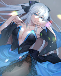 Rule 34 | 1girl, absurdres, bare shoulders, black bow, black dress, blue eyes, blue skirt, bow, braid, breasts, brown pantyhose, cleavage, detached sleeves, dress, fate/grand order, fate (series), french braid, grey hair, hair bow, highres, large breasts, long hair, looking at viewer, morgan le fay (fate), pantyhose, ponytail, ri-ko, sidelocks, skirt, solo, thighs, very long hair, wide sleeves