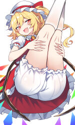 Rule 34 | 1girl, ass, blonde hair, bloomers, blush, crystal, e.o., fang, flandre scarlet, frilled skirt, frilled sleeves, frills, hat, highres, kneepits, long hair, looking at viewer, mob cap, one side up, open mouth, red eyes, red skirt, red vest, short sleeves, simple background, skin fang, skirt, smile, socks, solo, touhou, underwear, vest, white background, white bloomers, white hat, white socks, wings