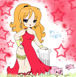 Rule 34 | 1girl, animal, armband, blonde hair, blue eyes, blush, bracelet, breasts, circe (mythology), dress, grass, greek mythology, hand on own hip, highres, jewelry, long hair, looking at viewer, medium breasts, mole, mole under eye, open mouth, pig, ponytail, red background, red dress, sleeveless, sleeveless dress, smile, solo, standing, star (symbol), starry background, starvalerian, thigh strap