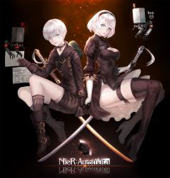 Rule 34 | 1boy, 1girl, bad id, bad pixiv id, black gloves, black thighhighs, blue eyes, boots, gloves, hairband, high heel boots, high heels, highres, long sleeves, looking at viewer, mole, mole under mouth, nier (series), nier:automata, puffy short sleeves, puffy sleeves, short hair, short sleeves, thigh boots, thighhighs, ttaji (pass35), white hair, 2b (nier:automata), 9s (nier:automata)