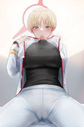 Rule 34 | 1girl, absurdres, blonde hair, blue archive, blush, breasts, commentary request, condom, condom in mouth, condom wrapper, gradient background, highres, jacket, large breasts, long sleeves, looking at viewer, marina (blue archive), mouth hold, paid reward available, pants, short hair, simple background, smile, solo, spread legs, white pants, yellow eyes, yoo tenchi