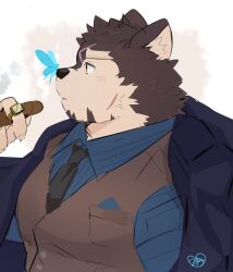Rule 34 | 1boy, absurdres, animal ears, another eidos-r, bara, billford (another eidos), blue butterfly, blue jacket, blue shirt, brown vest, bug, butterfly, butterfly on nose, cigar, closed mouth, cross scar, dog boy, dog ears, facial scar, furry, furry male, highres, holding, holding cigar, insect, jacket, jewelry, looking at animal, male focus, mikiya (mine miki0840), muscular, muscular male, official alternate costume, profile, ring, scar, scar on cheek, scar on face, scar on forehead, shirt, signature, sketch, solo, thick eyebrows, upper body, vest