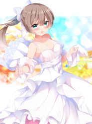 Rule 34 | 1girl, :d, bare shoulders, blue eyes, blurry, blurry background, blush, bow, breasts, brown hair, commentary request, depth of field, dress, fuuna, hair between eyes, hair bow, highres, kantai collection, kazagumo (kancolle), long hair, looking at viewer, open mouth, pleated dress, ponytail, see-through, sidelocks, sleeveless, sleeveless dress, small breasts, smile, solo, wedding dress, white bow, white dress