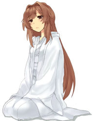Rule 34 | 00s, 1girl, brown eyes, brown hair, expressionless, eyebrows, full body, jacket, japanese clothes, jitome, kimono, long sleeves, looking at viewer, open clothes, open jacket, pants, seiza, seto no hanayome, seto sun, shirt, simple background, sitting, solo, sora (efr), white background, white shirt, white theme