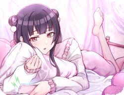 Rule 34 | 1girl, bed, black hair, brown eyes, cellphone, commentary request, double bun, foot up, hair bun, highres, holding, holding phone, hugging object, idolmaster, idolmaster shiny colors, kusaka io, long hair, long sleeves, lying, mayuzumi fuyuko, nightgown, on bed, on stomach, parted lips, phone, pillow, pillow hug, pink skirt, skirt, smartphone, solo, sweater, white sweater