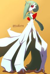 Rule 34 | 1girl, artist name, bob cut, closed mouth, colored skin, creatures (company), female focus, flat chest, full body, game freak, gardevoir, gen 3 pokemon, gradient background, green hair, green skin, hair over one eye, hand up, highres, holding, holding leaf, leaf, long legs, looking to the side, multicolored skin, nintendo, no lineart, one eye covered, pokemon, pokemon (creature), red eyes, short hair, signature, simple background, solo, standing, tsukkon, twitter username, two-tone skin, white skin, yellow background