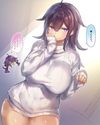 Rule 34 | 1girl, breasts, brown hair, covering own mouth, dress, hair between eyes, haruto (pokoten), large breasts, long hair, looking at viewer, original, pokoten (pokoten718), purple eyes, renna (pokoten), ribbed sweater, sleeves past wrists, solo, speech bubble, sweater, sweater dress, thighs, white sweater