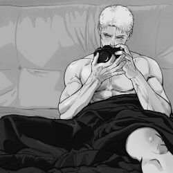 Rule 34 | 1boy, bara, blush, brauniesb, camera, covering privates, feet out of frame, greyscale, highres, holding, holding camera, large pectorals, looking at viewer, male focus, monochrome, muscular, muscular male, nude cover, on bed, pectorals, reiner braun, selfie, shingeki no kyojin, short hair, shy, sitting, solo, taking picture, topless male, under covers