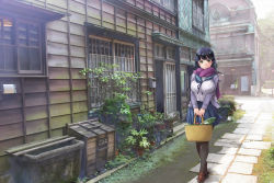 Rule 34 | 1girl, alternate costume, basket, black hair, black legwear, blue skirt, breasts, brown eyes, brown footwear, building, day, holding, holding basket, kantai collection, kantori, large breasts, loafers, long hair, long sleeves, outdoors, pleated skirt, scarf, shoes, skirt, solo, ushio (kancolle), walking