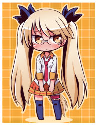 Rule 34 | 1girl, :&lt;, black ribbon, blonde hair, blue thighhighs, blush, bridal garter, brown eyes, brown skirt, chibi, closed mouth, collared shirt, colored shadow, commentary request, full body, glasses, hair ribbon, long hair, long sleeves, naga u, necktie, no shoes, plaid, plaid background, pleated skirt, red necktie, retoree (show by rock!!), ribbon, shadow, shirt, show by rock!!, skirt, solo, standing, thighhighs, twintails, very long hair, white shirt