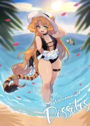 Rule 34 | 2girls, :3, animal ears, arknights, bare shoulders, black gloves, black one-piece swimsuit, blush, breasts, center opening, clothes around waist, ears through headwear, english text, falling petals, fang, gloves, green eyes, hat, highres, hoshiguma (arknights), long hair, medium breasts, multiple girls, one-piece swimsuit, open mouth, orange hair, petals, sharktuna, shirt, shirt around waist, soaking feet, solo focus, swimsuit, swire (arknights), tail, tail ornament, tail ring, thigh strap, thighs, tiger ears, tiger girl, tiger tail, very long hair, water, white headwear, white shirt