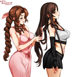 Rule 34 | 2girls, aerith gainsborough, black hair, braid, braided ponytail, breasts, brown hair, commentary, crop top, dress, english commentary, final fantasy, final fantasy vii, final fantasy vii remake, gloves, green eyes, jewelry, large breasts, long hair, low-tied long hair, mina cream, multiple girls, parted bangs, pink dress, sidelocks, skirt, small breasts, suspender skirt, suspenders, tank top, tifa lockhart, white tank top