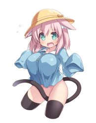 Rule 34 | 1girl, absurdres, animal ear fluff, animal ears, aqua eyes, arms up, between legs, black thighhighs, blue shirt, bottomless, breasts, cat ears, cat tail, character request, covering crotch, covering privates, flying sweatdrops, groin, hat, highres, kindergarten uniform, large breasts, legs apart, open mouth, oppai loli, original, school hat, shirt, simple background, sleeves past wrists, solo, tail, tail between legs, tail censor, tamase tama, thighhighs, thighs, virtual youtuber, white background, yellow hat