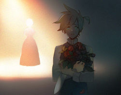 Rule 34 | 1boy, blonde hair, brother and sister, flower, formal, kagamine len, kagamine rin, knife, luo zi, male focus, raku ji, red rose, rose, siblings, solo, suit, twins, vocaloid