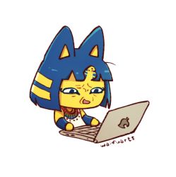 Rule 34 | 1girl, animal crossing, animal ears, ankha (animal crossing), ankha zone (meme), artist name, bare shoulders, black eyes, blue hair, cat ears, cat girl, colored skin, commentary, computer, detached sleeves, disgust, dress, egyptian clothes, furry, furry female, hair ornament, laptop, nintendo, no humans, open mouth, short hair, simple background, sitting, snake hair ornament, solo, waifuartz, white background, white dress, yellow skin